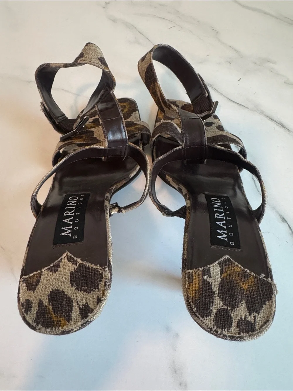 Animal-Print Strappy Heeled Sandals with Faux-Bamboo Women’s Size 9